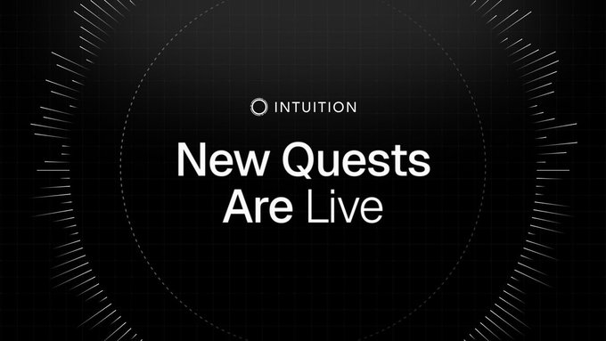A dark promotional graphic with a circular design element reading "INTUITION" at the top and the main text "New Quests Are Live" in white.