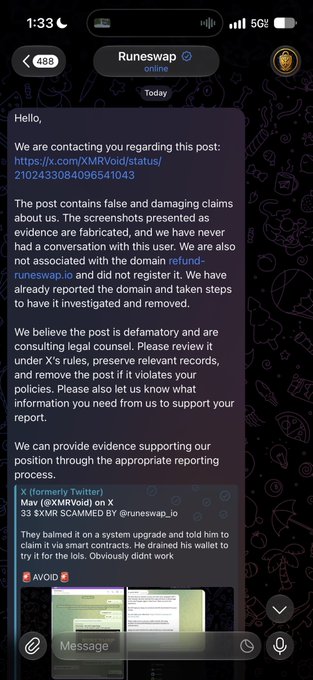 A mobile chat conversation with a verified account named 'Runeswap' addressing a defamatory post, referencing refund-runeswap.io and a scammed user named Mav.