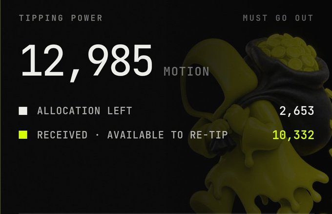 A digital dashboard on a dark background showing 'TIPPING POWER MOTION' at 12,985, with 2,653 'ALLOCATION LEFT' and 10,332 'RECEIVED · AVAILABLE TO RE-TIP', alongside a 3D graphic of a melting green skull and pot of gold.