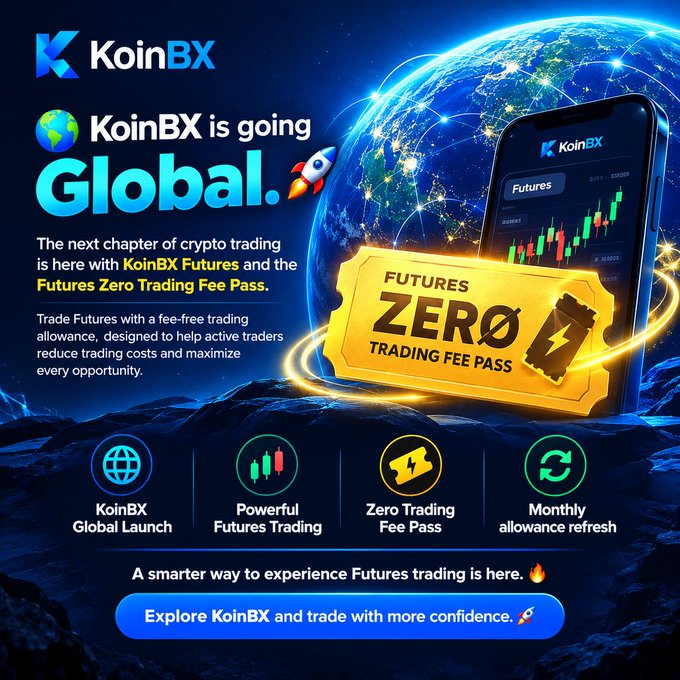 An advertisement for KoinBX cryptocurrency exchange announcing a global launch, featuring a 'Futures Zero Trading Fee Pass' gold ticket graphic, a phone displaying a trading chart, and feature icons.