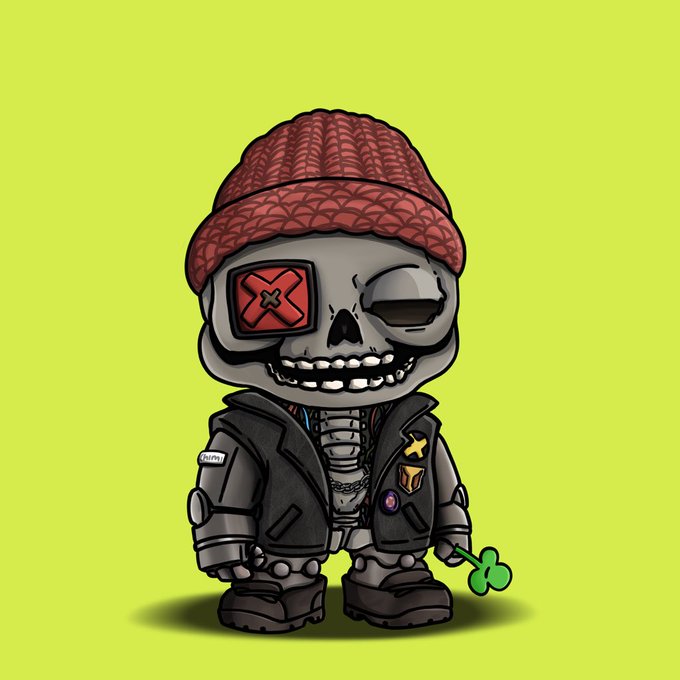 A cartoon illustration of a skeleton character wearing a red beanie, a black varsity jacket with patches, and holding a green clover against a solid chartreuse background.