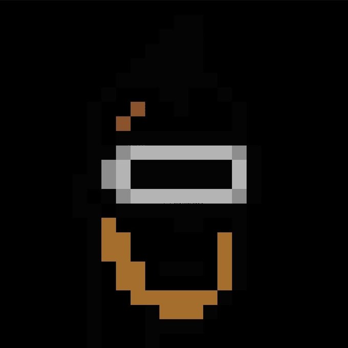Pixel art of a character resembling a knight or executioner with a black hood, a white rectangular visor, and brown hands against a black background.