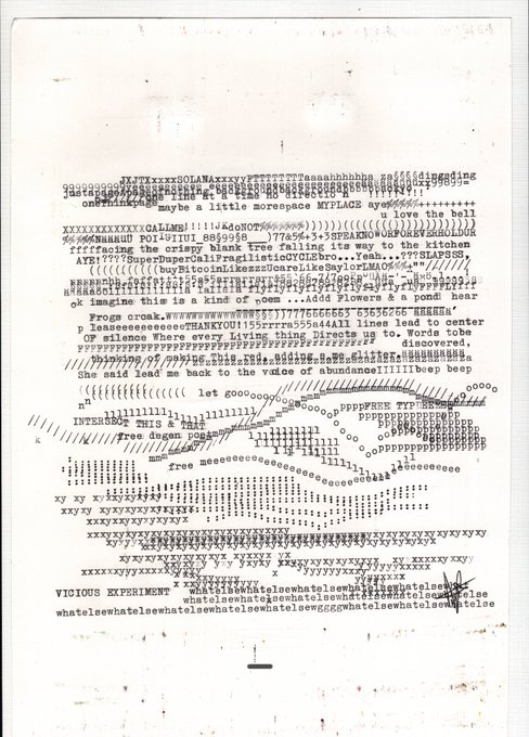 A dense, abstract ASCII art illustration using letters, numbers, and symbols creates shapes and patterns on an aged paper background, with the text 'VICIOUS EXPERIMENT' and 'whata leewhata leewhata leewhatelsee' visible.
