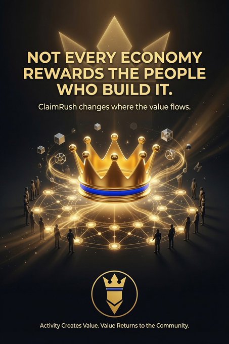 A promotional graphic for ClaimRush featuring a golden crown, networked community figures, and text reading 'NOT EVERY ECONOMY REWARDS THE PEOPLE WHO BUILD IT. ClaimRush changes where the value flows' and 'Activity Creates Value, Value Returns to the Community.'