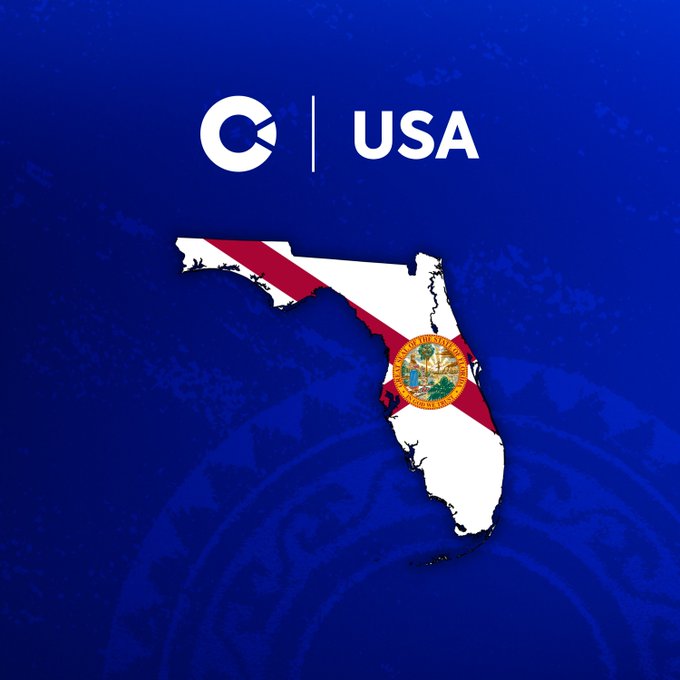 A CoinMarketCap-style graphic showing a map of Florida filled with the Florida state flag, set against a blue background with the CoinMarketCap logo and 'USA' text.