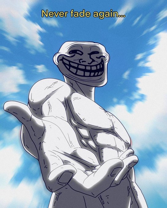 A muscular stone figure with the iconic Trollface grin reaches forward against a blue cloudy sky, with the text "Never fade again..." at the top. The image plays on "GM" as both "Good Morning" and "Good Morning Millionaires," symbolizing long-term holders who refuse to sell, with the Trollface representing the meme's enduring, unkillable spirit in crypto culture.