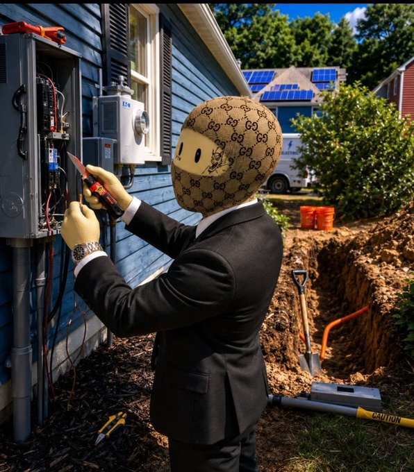 A surreal image of a figure in a black suit wearing a Gucci-patterned balaclava working on an electrical panel outside a house with solar panels.