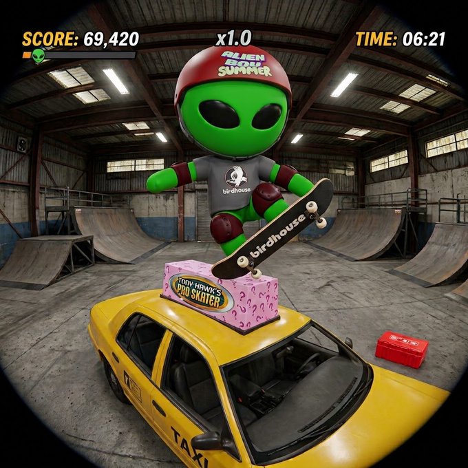 A video game screenshot featuring a green alien character performing a skateboard trick on a yellow taxi, with a score of 69,420 and 'Tony Hawk's Pro Skater' branding.