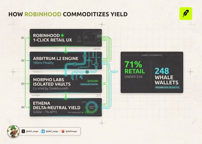 An infographic titled 'HOW ROBINHOOD COMMODITIZES YIELD' illustrates a 4-step stack including 'ROBINHOOD 1-CLICK RETAIL UX', 'ARBITRUM L2 ENGINE', 'Morpho Labs ISOLATED VAULTS', and 'ETHENA DELTA-NEUTRAL YIELD', noting market demographics with '71% RETAIL UNDER $1K' and '248 WHALE WALLETS'.