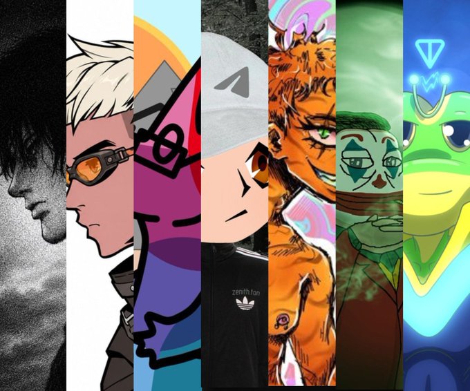The image shows a collage of seven vertical slices featuring anime and illustration characters, including what appears to be Monkey D. Luffy from One Piece and Bart Simpson, with one figure wearing a jacket labeled "zenith.lon." The "Gm" (good morning) caption pairs with this colorful lineup as a stylized morning greeting showcasing diverse character art.