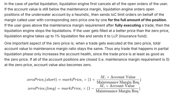 The image shows an explanation of Lighter's partial liquidation mechanism, including the formulas for calculating zero prices for short and long positions: zeroPrice(short) = markPrice × (1 + M_i × Account Value / Maintenance Margin Req) and zeroPrice(long) = markPrice × (1 - M_i × Account Value / Maintenance Margin Req), with a 1% liquidation fee that gets sent to the LLP insurance fund.