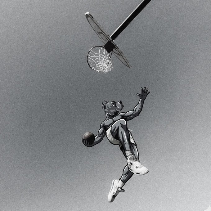 A muscular anthropomorphic dog in sneakers soars through a grayscale sky toward a basketball hoop, holding a ball mid-dunk, embodying the "elevate your belief" rallying cry for the $DOGINME meme coin with its high-flying confidence and athletic swagger.