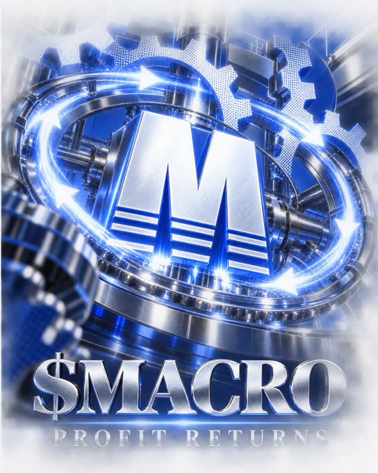 Promotional graphic for '$MACRO PROFIT RETURNS' featuring a metallic 'M' logo surrounded by mechanical gears and blue energy effects.