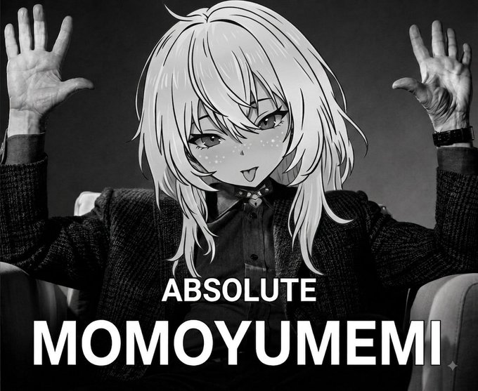 A black-and-white composite image showing an anime-style white-haired girl with freckles and a smirk overlaid on a photographic image of a person with raised hands, with the text "ABSOLUTE MOMOYUMEMI" at the bottom.