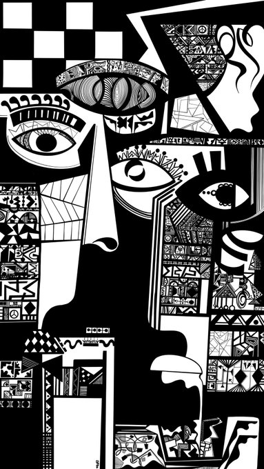 A striking black and white cubist-style illustration depicting a fragmented face with prominent eyes and intricate geometric patterns.