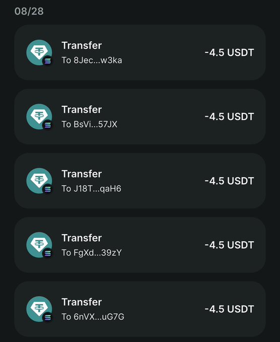A transaction history dated 08/28 showing five USDT transfers of -4.5 USDT each to different recipients (8Jec...w3ka, BsVi...57JX, J18T...qaH6, FgXd...39zY, 6nVX...uG7G), illustrating the kind of small, frequent on-chain activity used to demonstrate building trust and engagement within the Zentrix community.