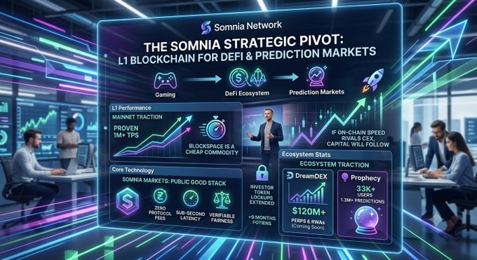 A futuristic promotional graphic for Somnia Network titled 'THE SOMNIA STRATEGIC PIVOT: L1 BLOCKCHAIN FOR DEFI & PREDICTION MARKETS,' featuring gaming, DeFi, and prediction market icons with performance metrics like '1M+ TPS' and ecosystem stats.