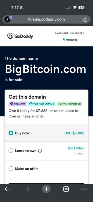 A mobile screenshot of a GoDaddy domain listing page showing BigBitcoin.com is for sale for USD $7,888, with options to buy now, lease to own, or make an offer.