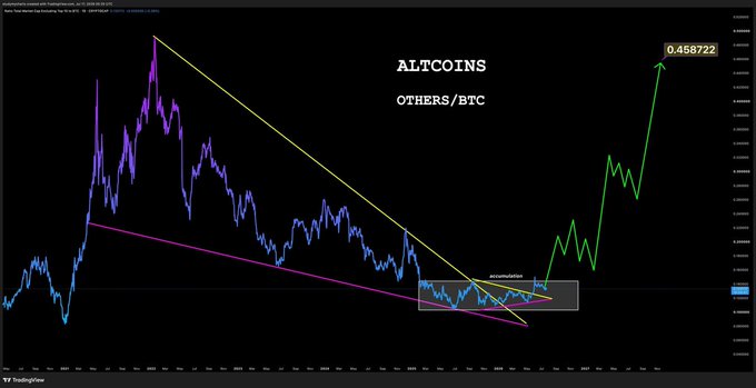 A TradingView chart titled 'ALTCOINS - OTHERS/BTC' displaying a candlestick pattern with descending trendlines and a projected breakout arrow to 0.456722.