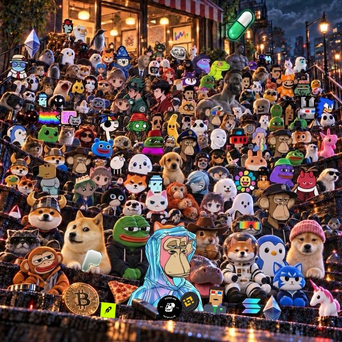 A crowded collage features numerous internet meme characters, dogs, cats, and cryptocurrency icons arranged on an urban staircase at night.