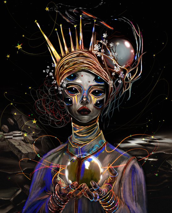 A digital painting depicts a surreal figure with elaborate facial markings, a golden crown-like headdress, and glowing threads, holding a luminous orb in cupped hands against a cosmic starry background.