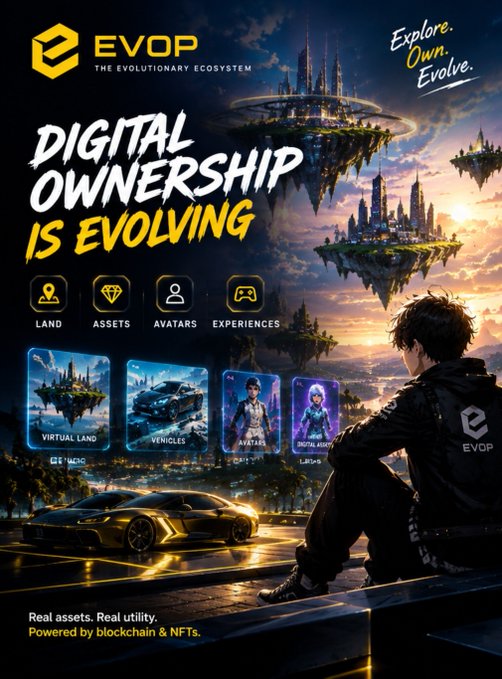 A promotional poster for 'EVOP THE EVOLUTIONARY ECOSYSTEM' with the tagline 'Explore. Own. Evolve.' and 'DIGITAL OWNERSHIP IS EVOLVING', featuring a young person looking at a futuristic floating cityscape, with sections labeled 'LAND', 'ASSETS', 'AVATARS', and 'EXPERIENCES', and a sports car in the foreground.