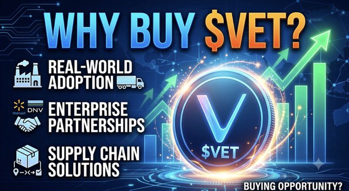 Promotional graphic asking 'WHY BUY $VET?' listing benefits including Real-World Adoption, Enterprise Partnerships (Walmart, DNV), and Supply Chain Solutions, with a glowing V token and rising chart.