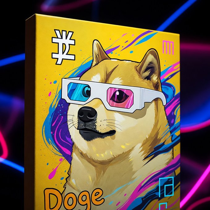 The image features a yellow box with a cartoon dog wearing glasses, which has been edited to include 3D effects that make the dog appear to be wearing sunglasses or goggles. The background of the image is a gradient of blue and pink colors, creating an artistic and visually appealing effect. The caption below the image reads "All is $Doge", suggesting that the image is related to a post about dogs or something similar.