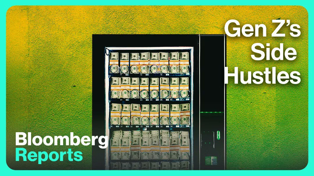 A Bloomberg Reports graphic titled "Gen Z's Side Hustles" features a vending machine filled with stacks of cash against a yellow-green gradient background, visually representing the financial themes discussed in the accompanying post about "What's with Gen Z?"