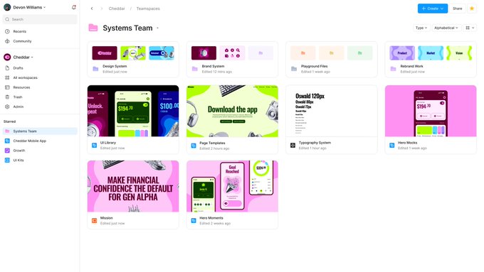 The "Systems Team" folder in what appears to be a Figma workspace dashboard displays various design files including Design System, Brand System, Playground Files, Onboard New!, UI Library, Page Templates, Typography System, Hero Mocks, and Mission. The image illustrates the post's theme of workflow efficiency, showing how a well-organized folder structure with diverse project files reduces friction by keeping team resources readily accessible and categorized.