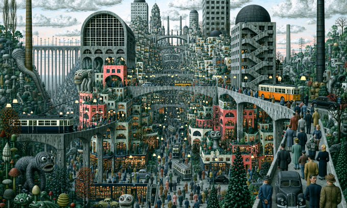 A detailed surrealist painting depicting a dense, fantastical cityscape filled with whimsical architecture, crowds of people, and strange creatures, resembling the style of Kim Jung Gi.