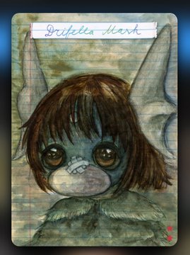 Mixed-media illustration of a creature with large eyes and ears on lined notebook paper, labeled 'Drifella Marsh' at the top.