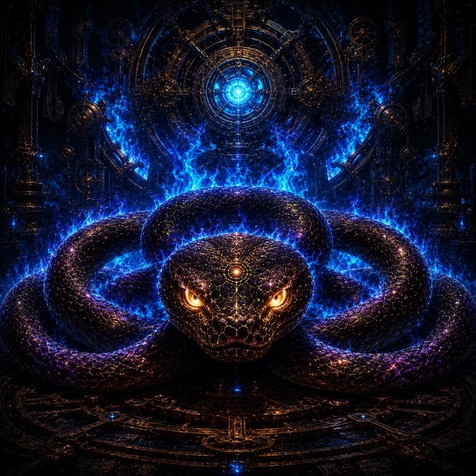 A dark, ornate snake with glowing eyes is surrounded by blue flames.
