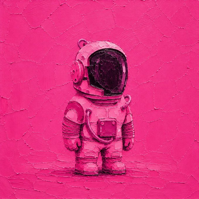 An astronaut figure is sculpted in thick, textured pink paint against a matching solid pink background, creating a monochromatic, impasto-style artwork.