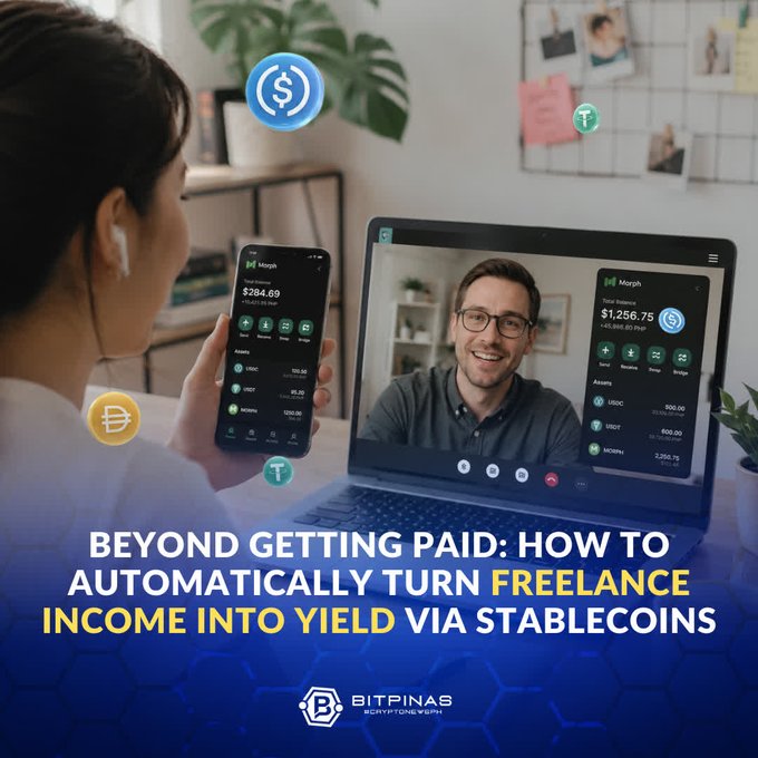 A promotional graphic showing a woman on a video call while checking her phone, with text reading "BEYOND GETTING PAID: HOW TO AUTOMATICALLY TURN FREELANCE INCOME INTO YIELD VIA STABLECOINS" and the Bitpinas logo.