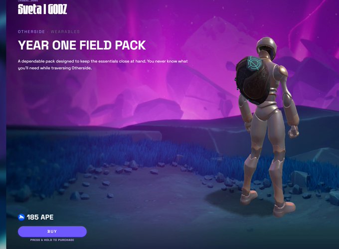 A digital storefront screen showing a 'YEAR ONE FIELD PACK' wearable item for 'OTHERSIDE' featuring a robotic mannequin in a purple landscape, priced at 185 APE with a 'BUY' button.