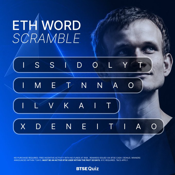 A promotional graphic for 'ETH WORD SCRAMBLE' featuring a man's face next to rows of scrambled letters, with BTSEQuiz branding and terms and conditions text at the bottom.