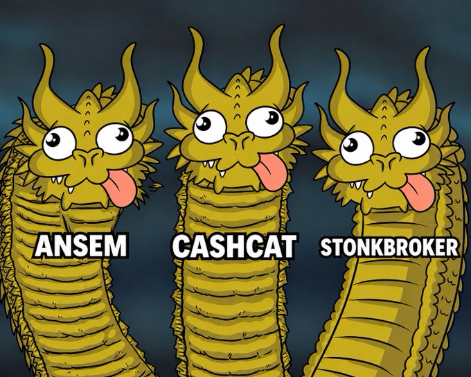Three cartoon golden dragons with bulging eyes and tongues sticking out, labeled 'ANSEM', 'CASHCAT', and 'STONKBROKER' respectively, parodying the three-headed dragon imagery.