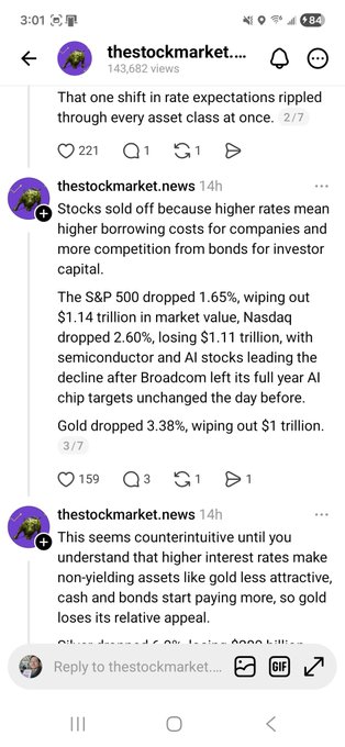 The image shows a screenshot of an Instagram post from The StockMarket, which has been reposted several times with multiple reactions and shares. It appears that the discussion revolves around a significant drop in markets, causing investors to lose interest and valuations to drop. The post's caption explains that this was not limited to crypto but also affected stocks and bonds alike. The use of Instagram for sharing such content allows companies like The StockMarket to reach a broader audience and gain insights into market trends and reactions.