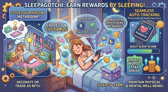 A promotional graphic for 'SLEEPAGOTCHI: EARN REWARDS BY SLEEPING!', an app featuring virtual metaroom customization, sleep-to-earn crypto and NFT rewards, and smartwatch health tracking sync.