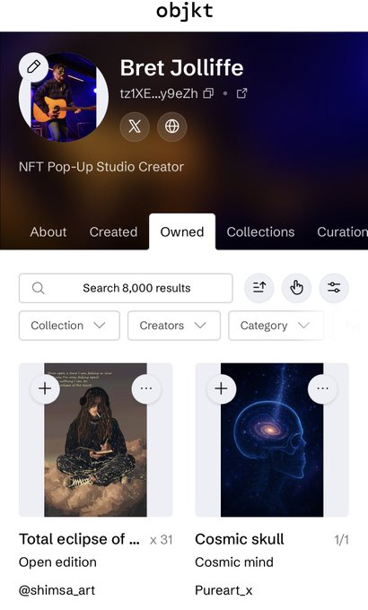 A screenshot of an objkt.com profile page for "Bret Jolliffe" (NFT Pop-Up Studio Creator), showing a search bar for "8,000 results" and owned NFTs including "Total eclipse of..." by @shimsa_art and "Cosmic skull" by Pureart_x.