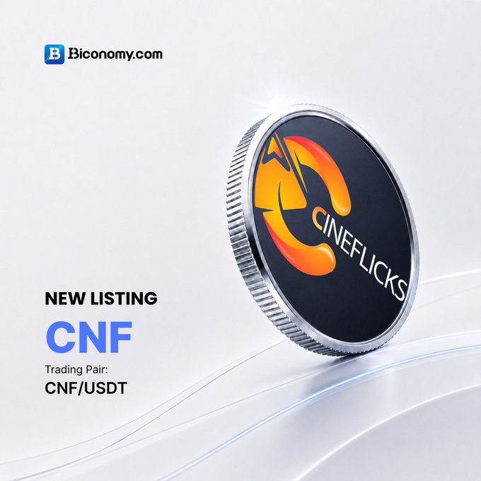 A promotional image for Biconomy.com announcing a new listing for the CNF token (CineFlicks) with the trading pair CNF/USDT, featuring a 3D rendered coin.