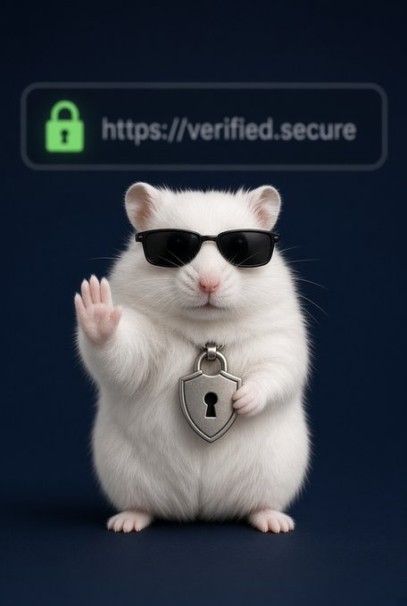 A 3D-rendered white hamster wearing black sunglasses holds up one paw and clutches a shield-shaped padlock with a keyhole, standing below a URL bar reading 'https://verified.secure'.