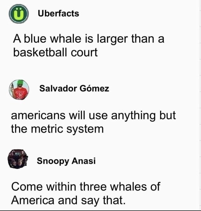A screenshot of a Facebook comment thread from Uberfacts stating 'A blue whale is larger than a basketball court,' followed by a comment joking 'americans will use anything but the metric system,' and a reply saying 'Come within three whales of America and say that.'