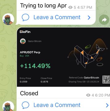 A screenshot of a Telegram chat shows a user excitedly sharing their GloFin trade alert for APRUSDT Perp, which closed with a +114.49% gain (entry at 0.1559, close at 0.1878) on 15x leverage, corresponding to their post celebrating a 115% profit in just over an hour on their first long position in $APR.