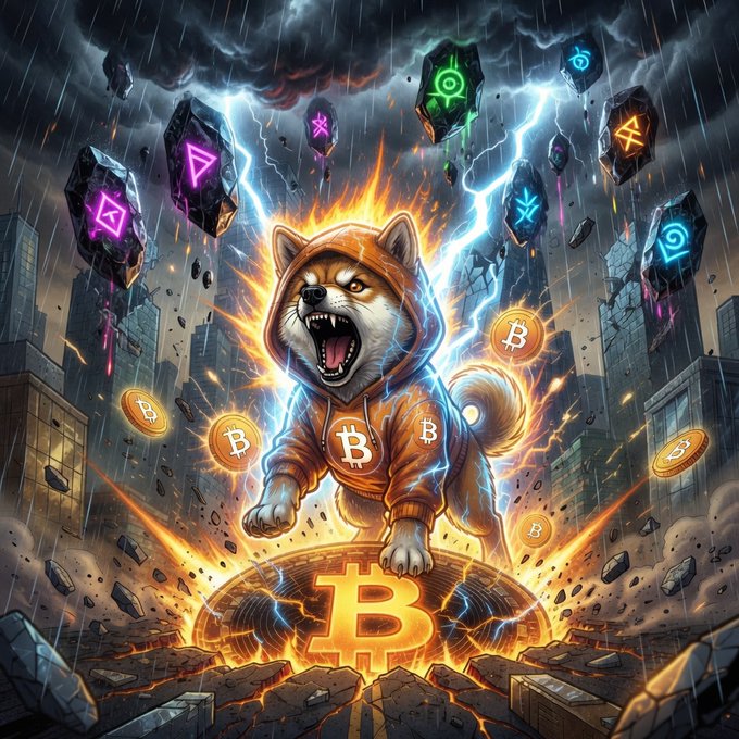 An aggressive Shiba Inu wearing an orange hoodie emblazoned with the Bitcoin "₿" symbol unleashes a powerful roar atop a glowing Bitcoin emblem, surrounded by floating rune-inscribed stones and a stormy, electrified cityscape. The image embodies the "$DOG Army" post, fusing Dogecoin-inspired canine energy with Bitcoin's dominance to rally a charged crypto community.
