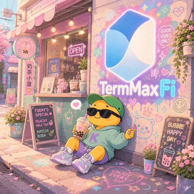 Whimsical illustration of a yellow duck-like character in sunglasses holding bubble tea outside a shop, with neon signage reading 'TermMaxFi', 'Bubble Happy Day', and 'Open'.