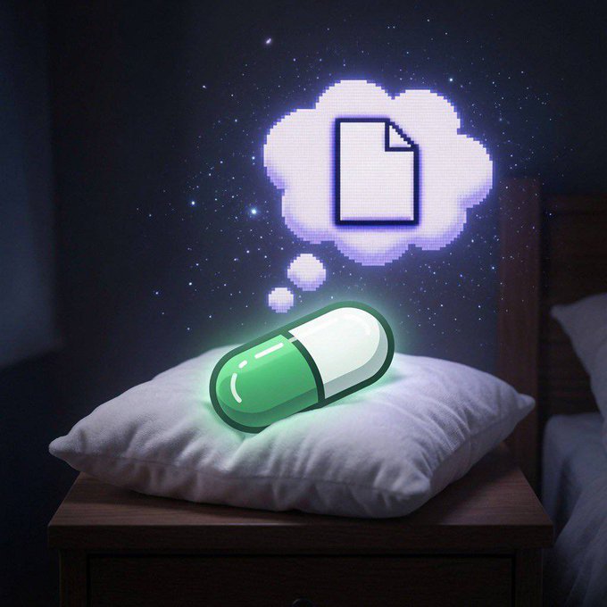 A glowing green pill rests on a pillow emitting a pixelated thought bubble containing a document icon, symbolizing a dream or vision. The image visually represents the "dream" mentioned in the post for @Pumpfun, suggesting the poster has an idea or plan to share.