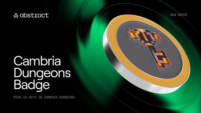 Promotional graphic for the 'Cambria Dungeons Badge' on the Abstract platform, featuring a pixel art key icon and the text 'RISK 10 KEYS IN CAMBRIA DUNGEONS'.