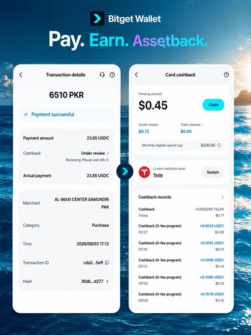 An advertisement for Bitget Wallet showing 'Pay. Earn. Assetback.' with two phone screenshots displaying transaction details for 6510 PKR and card cashback rewards in USDC.